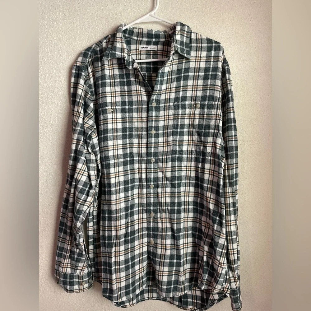 Sonoma Forest Green and Cream Plaid Flannel Men's Shirt 100% Cotton size LT
